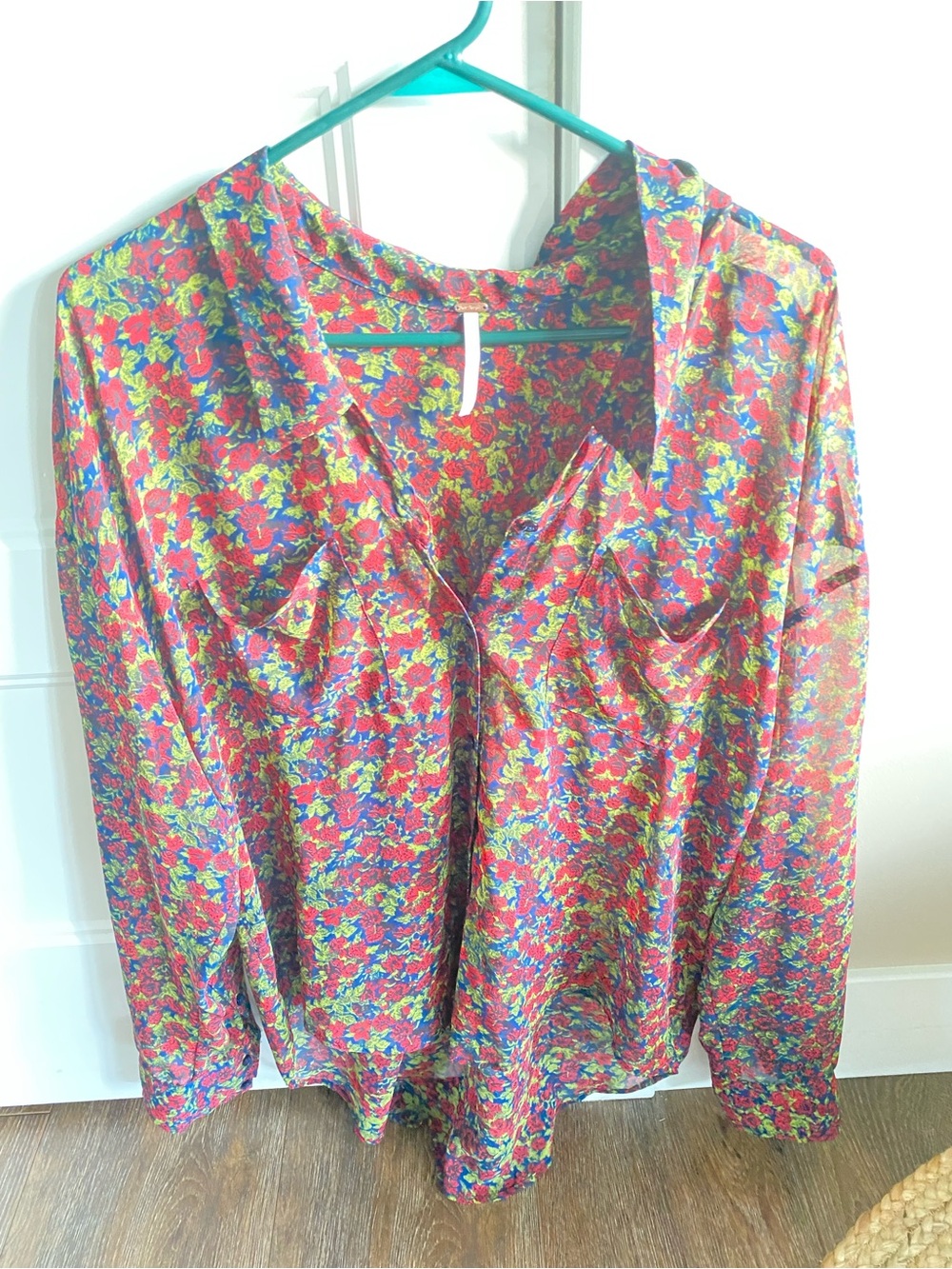 Free People Vibrant Floral Button-Up Blouse - Red Pink Yellow